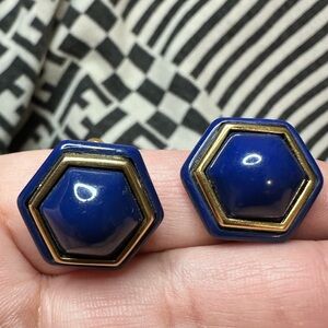 Vintage Givenchy Blue and Gold Clip-On Hexagon Shape Earrings